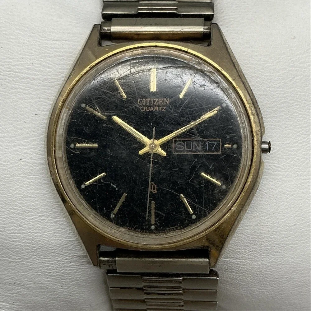 Vintage Citizen H100 Mens Watch 36mm Black Dial Day Date Missing Crown For Parts